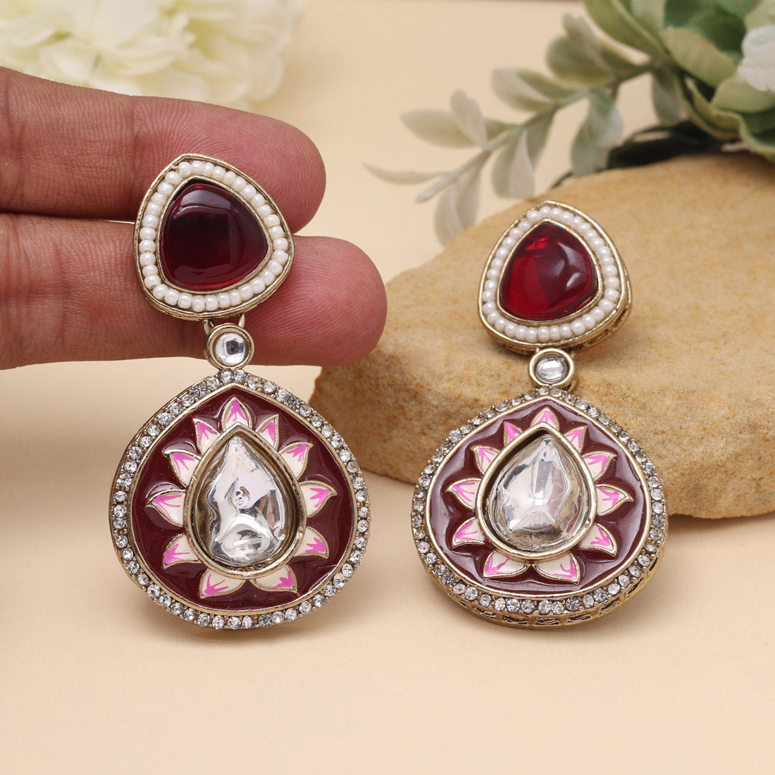 Maroon Color Meenakari Earrings (MKE2004MRN) - Preyans.com