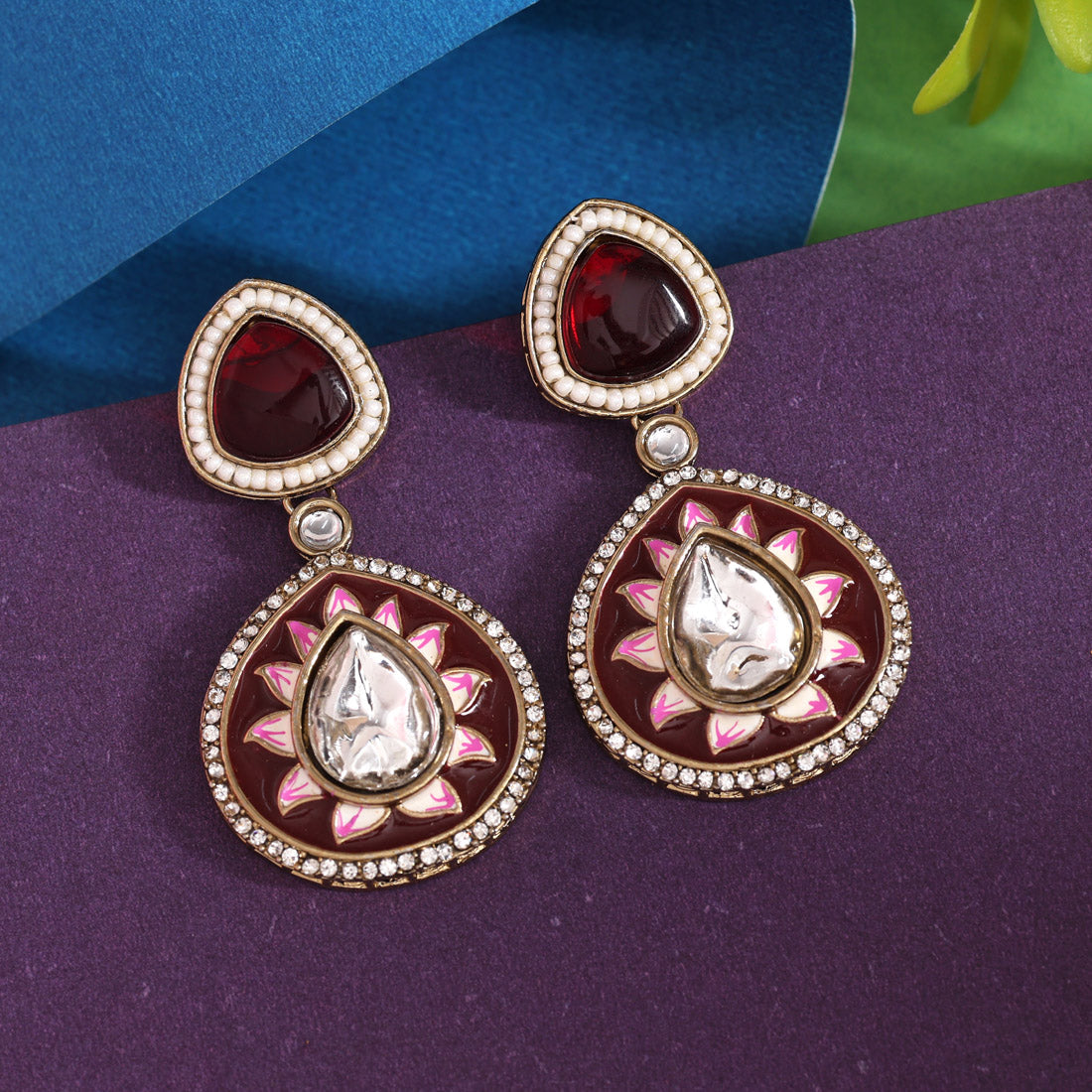 Maroon Color Meenakari Earrings (MKE2004MRN) - Preyans.com