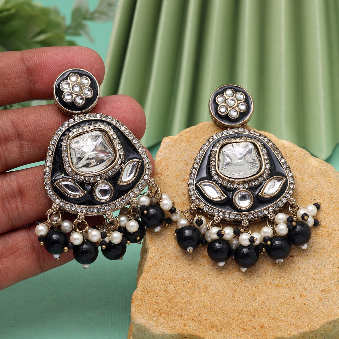 Black Color Kundan Meenakari Earrings (MKE2005BLK) - Preyans.com