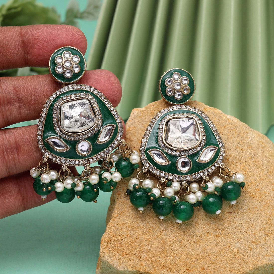 Green Color Kundan Meenakari Earrings (MKE2005GRN) - Preyans.com