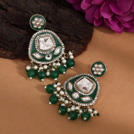 Green Color Kundan Meenakari Earrings (MKE2005GRN) - Preyans.com