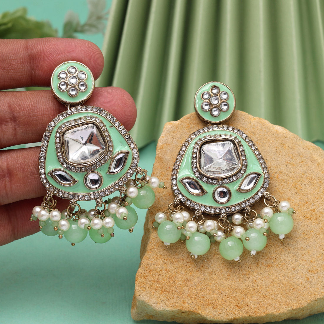 Pista Green Color Kundan Meenakari Earrings (MKE2005PGRN) - Preyans.com