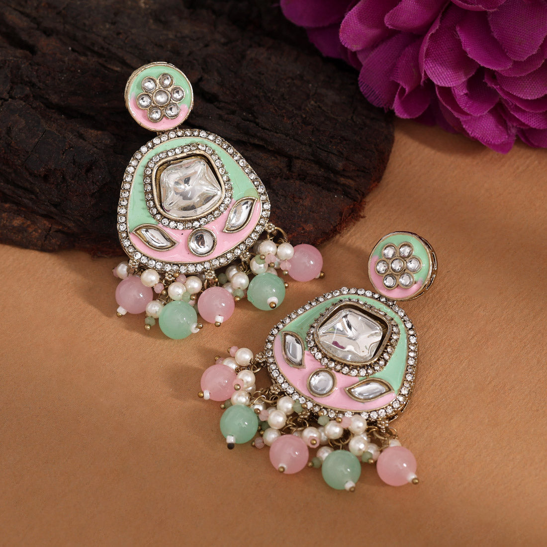 Pink & Pista Green Color Kundan Meenakari Earrings (MKE2005PNKPGRN) - Preyans.com