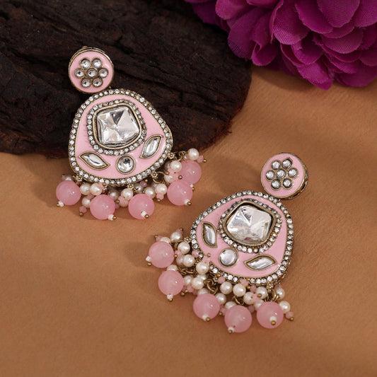 Pink Color Kundan Meenakari Earrings (MKE2005PNK) - Preyans.com