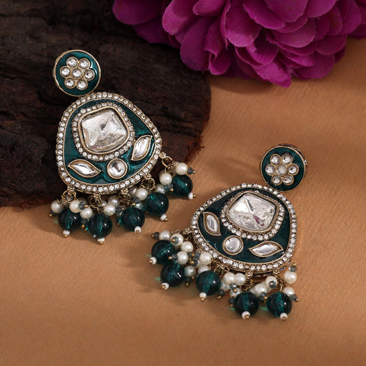 Turquoise Blue Color Kundan Meenakari Earrings (MKE2005TBLU) - Preyans.com