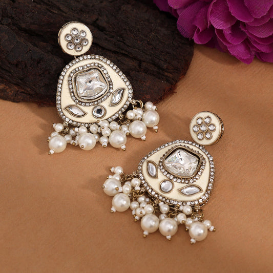 White Color Kundan Meenakari Earrings (MKE2005WHT) - Preyans.com