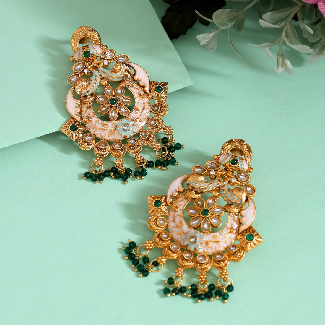 Green Color Kundan Meenakari Earrings (MKE2006GRN) - Preyans.com