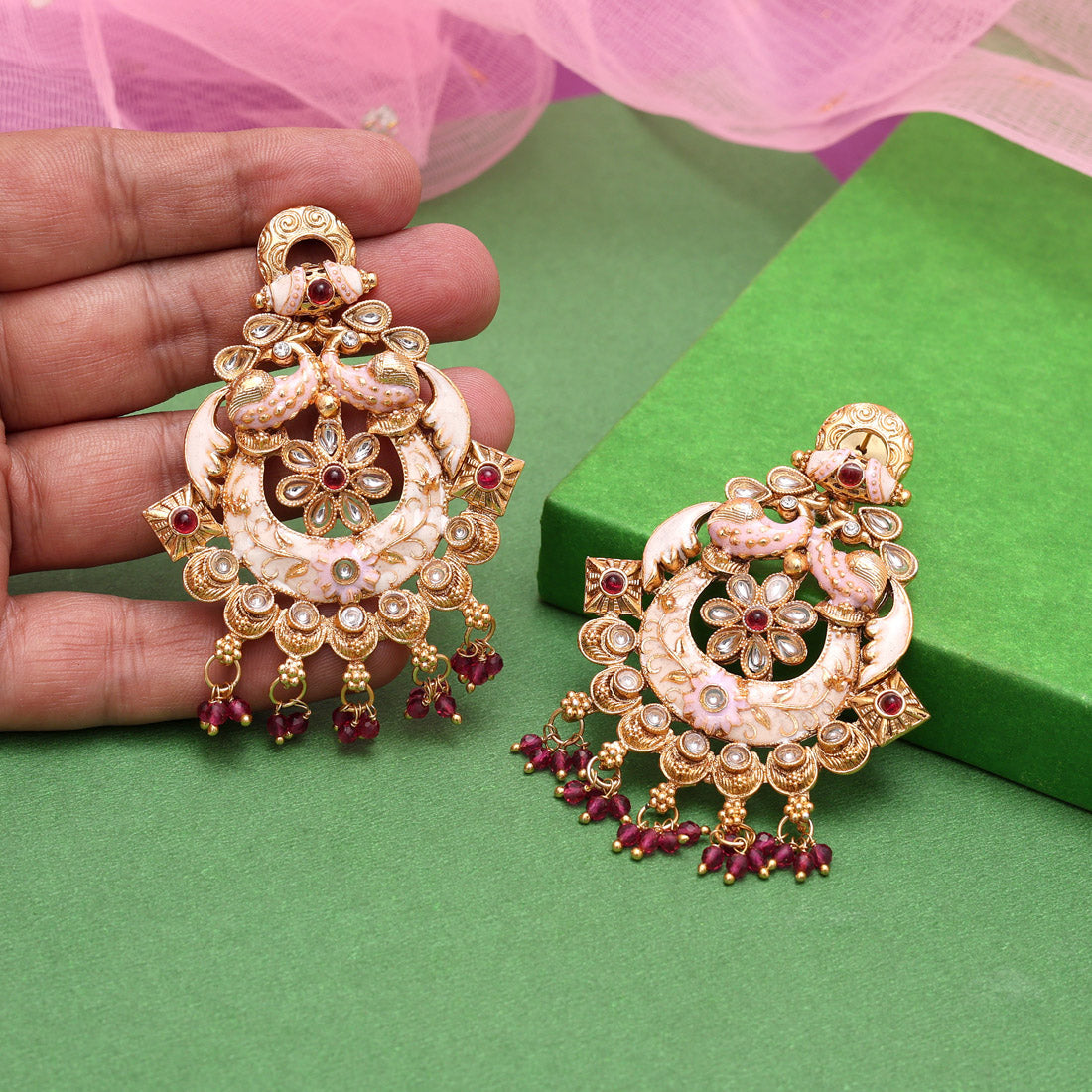 Rani Color Kundan Meenakari Earrings (MKE2006RNI) - Preyans.com