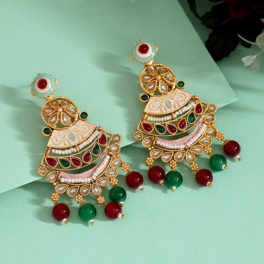 Maroon & Green Color Kundan Meenakari Earrings (MKE2007MG) - Preyans.com