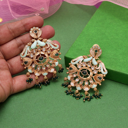 Green Color Kundan Meenakari Earrings (MKE2008GRN) - Preyans.com