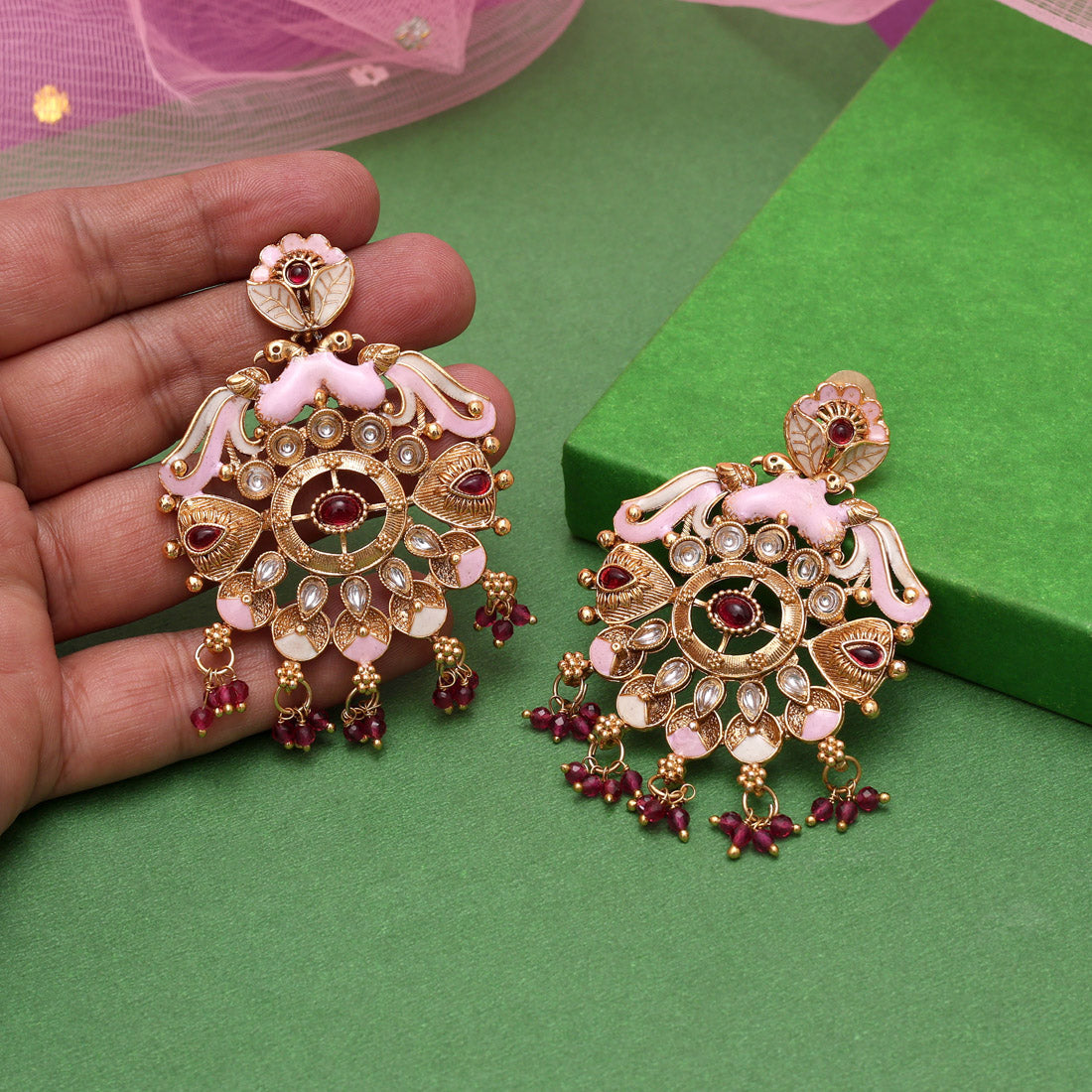 Rani Color Kundan Meenakari Earrings (MKE2008RNI) - Preyans.com