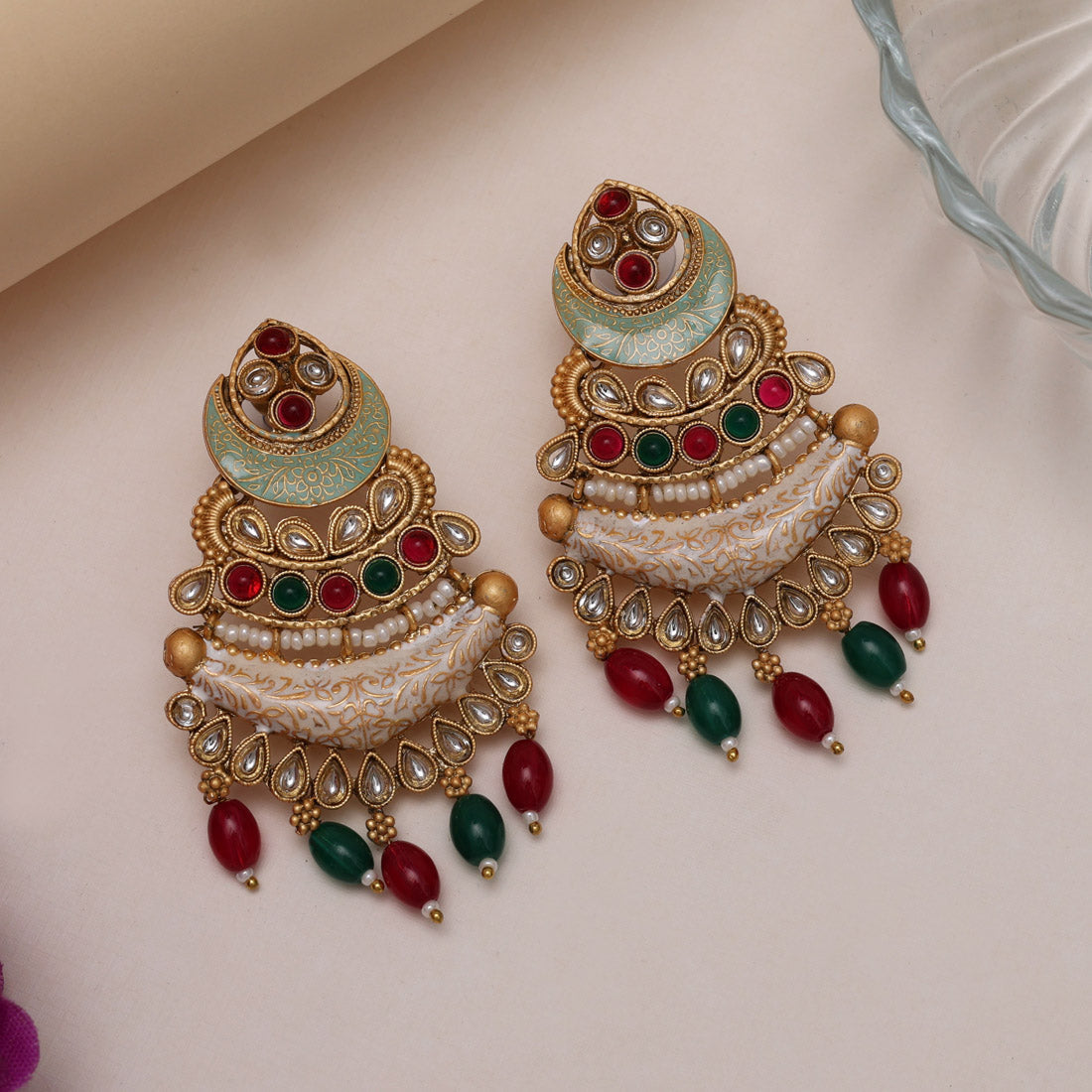 Rani & Green Color Kundan Meenakari Earrings (MKE2012RNIGRN) - Preyans.com