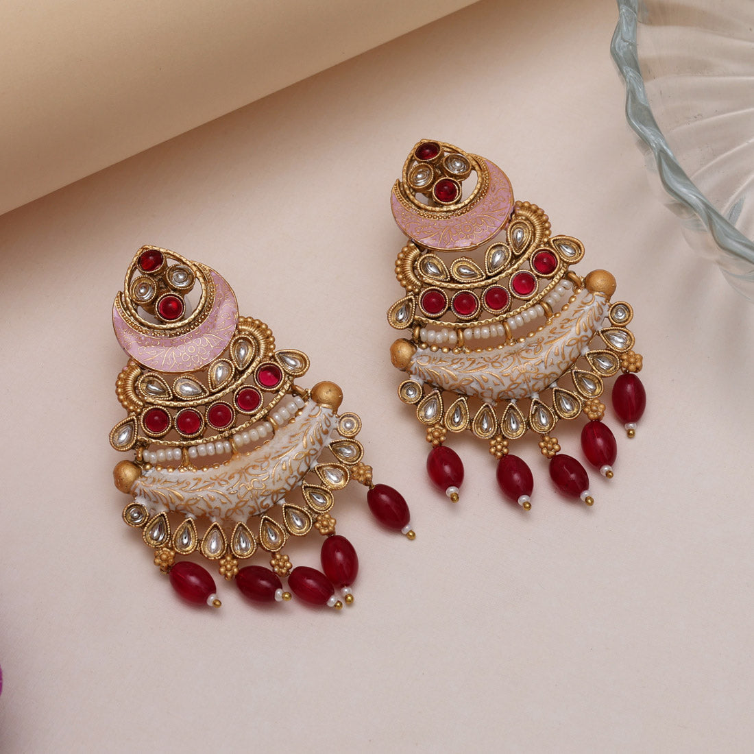 Rani Color Kundan Meenakari Earrings (MKE2012RNI) - Preyans.com