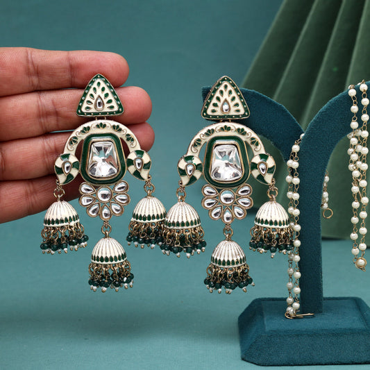 Green Color Kundan Meenakari Earrings (MKE2014GRN) - Preyans.com