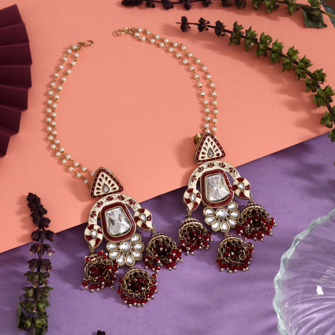 Maroon Color Kundan Meenakari Earrings (MKE2014MRN) - Preyans.com