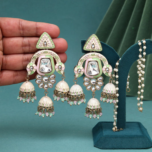 Pink & Pista Green Color Kundan Meenakari Earrings (MKE2014PNKPGRN) - Preyans.com