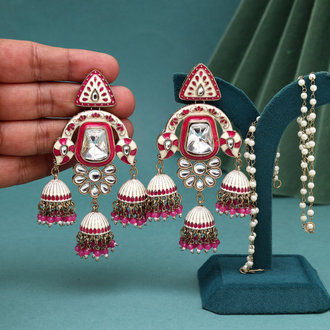 Rani Color Kundan Meenakari Earrings (MKE2014RNI) - Preyans.com