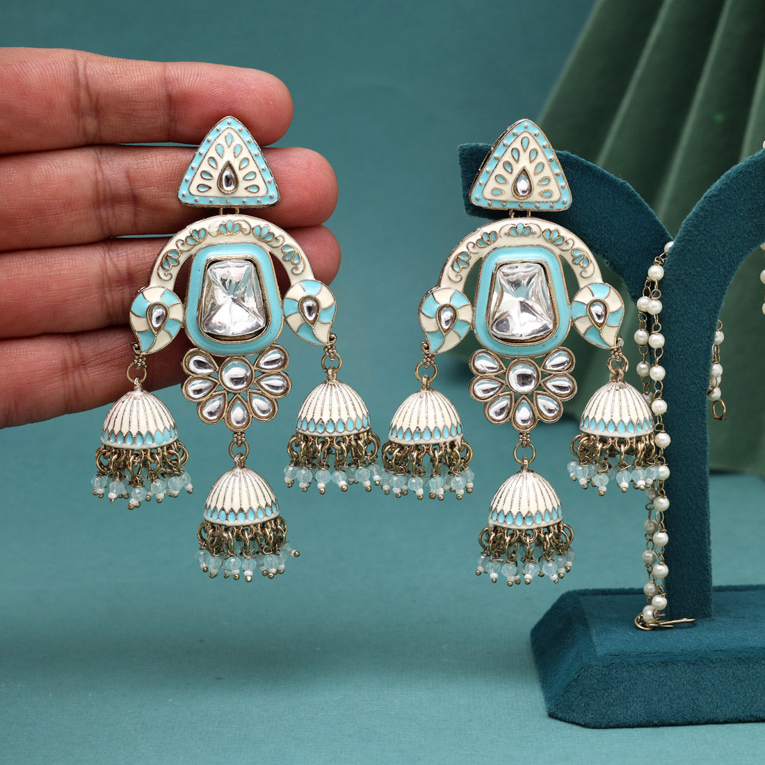 Sky Blue Color Kundan Meenakari Earrings (MKE2014SBLU) - Preyans.com