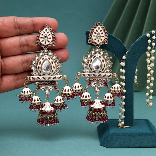 Magenta Color Kundan Meenakari Earrings (MKE2016MNT) - Preyans.com