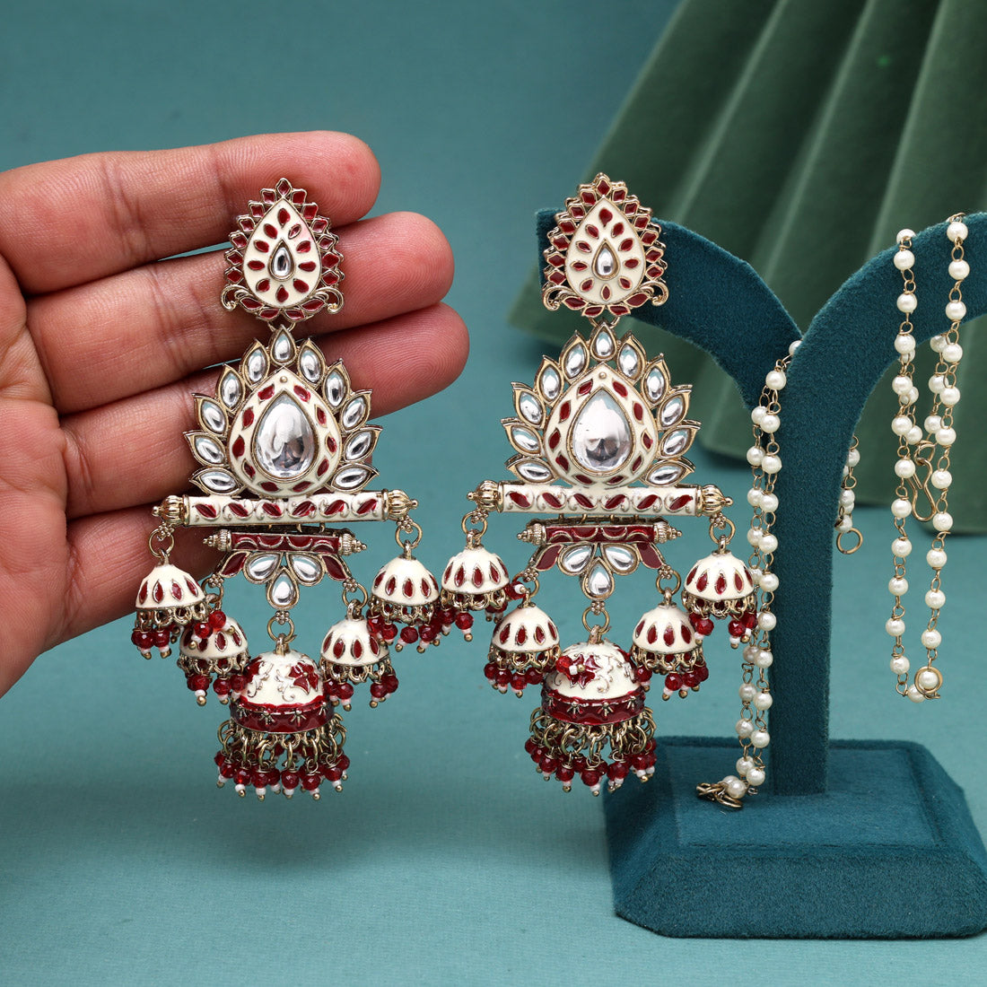 Maroon Color Kundan Meenakari Earrings (MKE2016MRN) - Preyans.com