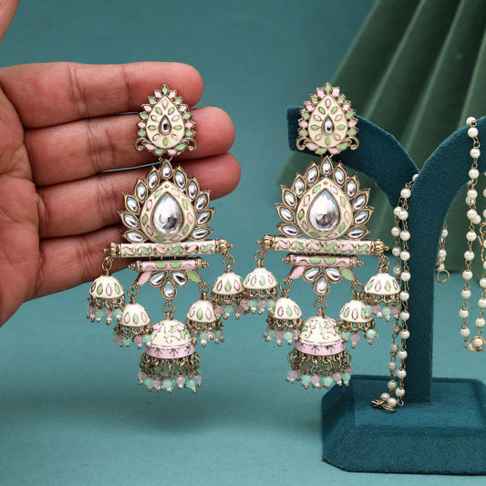 Pink & Pista Green Color Kundan Meenakari Earrings (MKE2016PNKPGRN) - Preyans.com