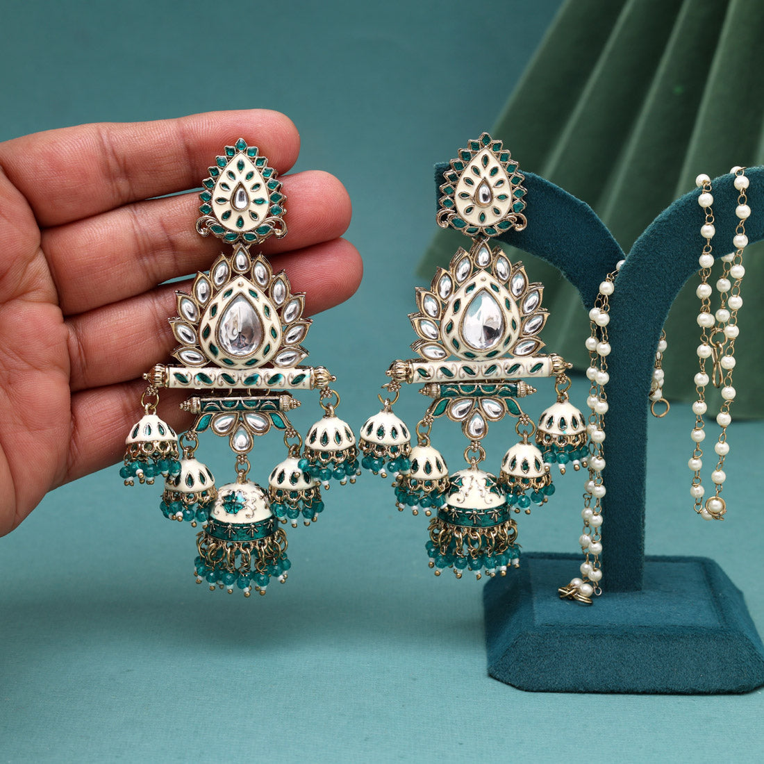 Rama Green Color Kundan Meenakari Earrings (MKE2016RGRN) - Preyans.com