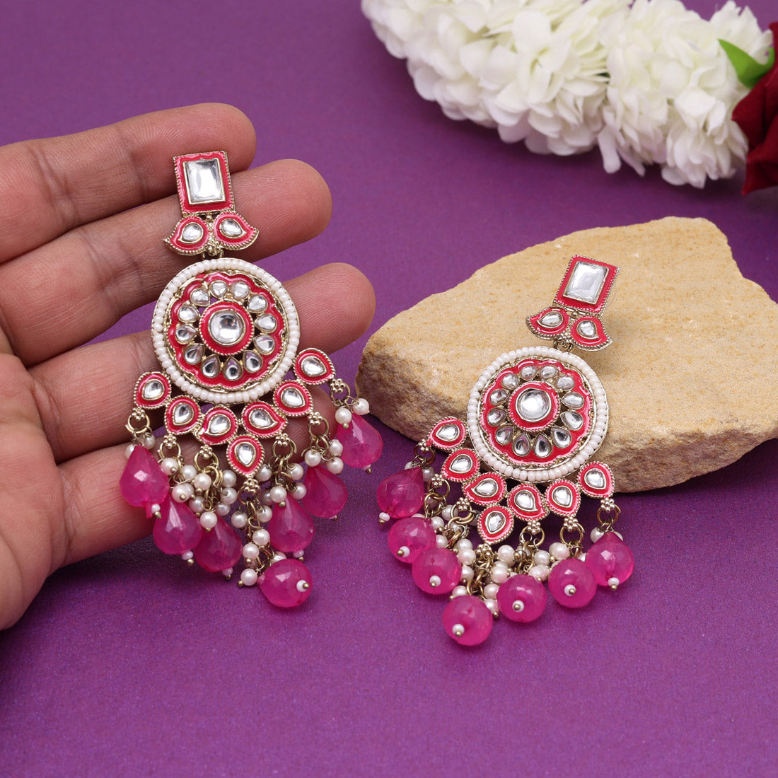 Rani Color Kundan Meenakari Earrings (MKE2017RNI) - Preyans.com