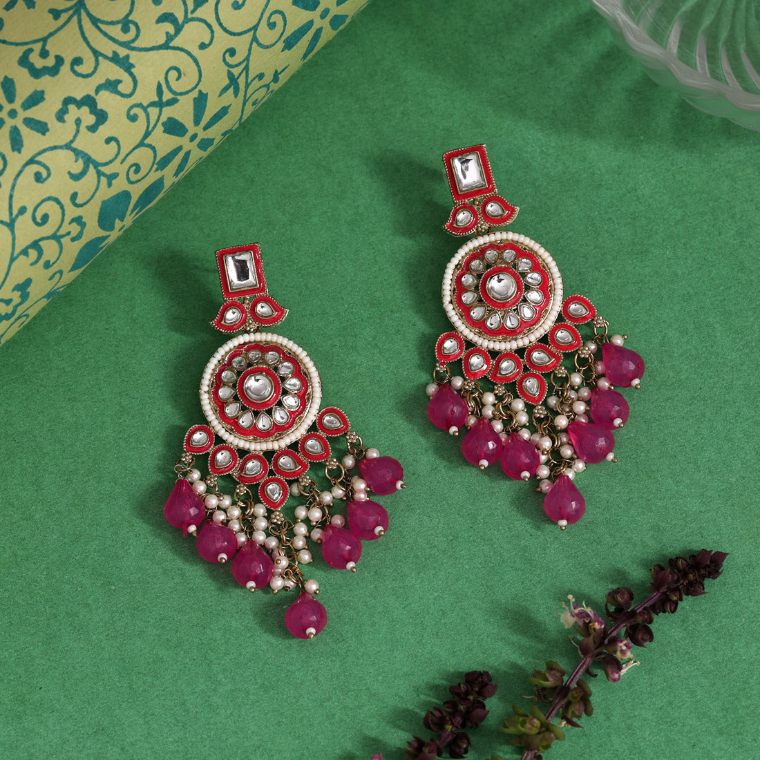 Rani Color Kundan Meenakari Earrings (MKE2017RNI) - Preyans.com