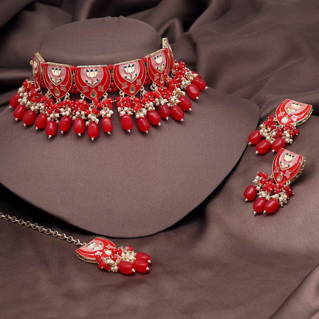 Red Color Choker Meenakari Necklace Set (MKN551RED) - preyans.com