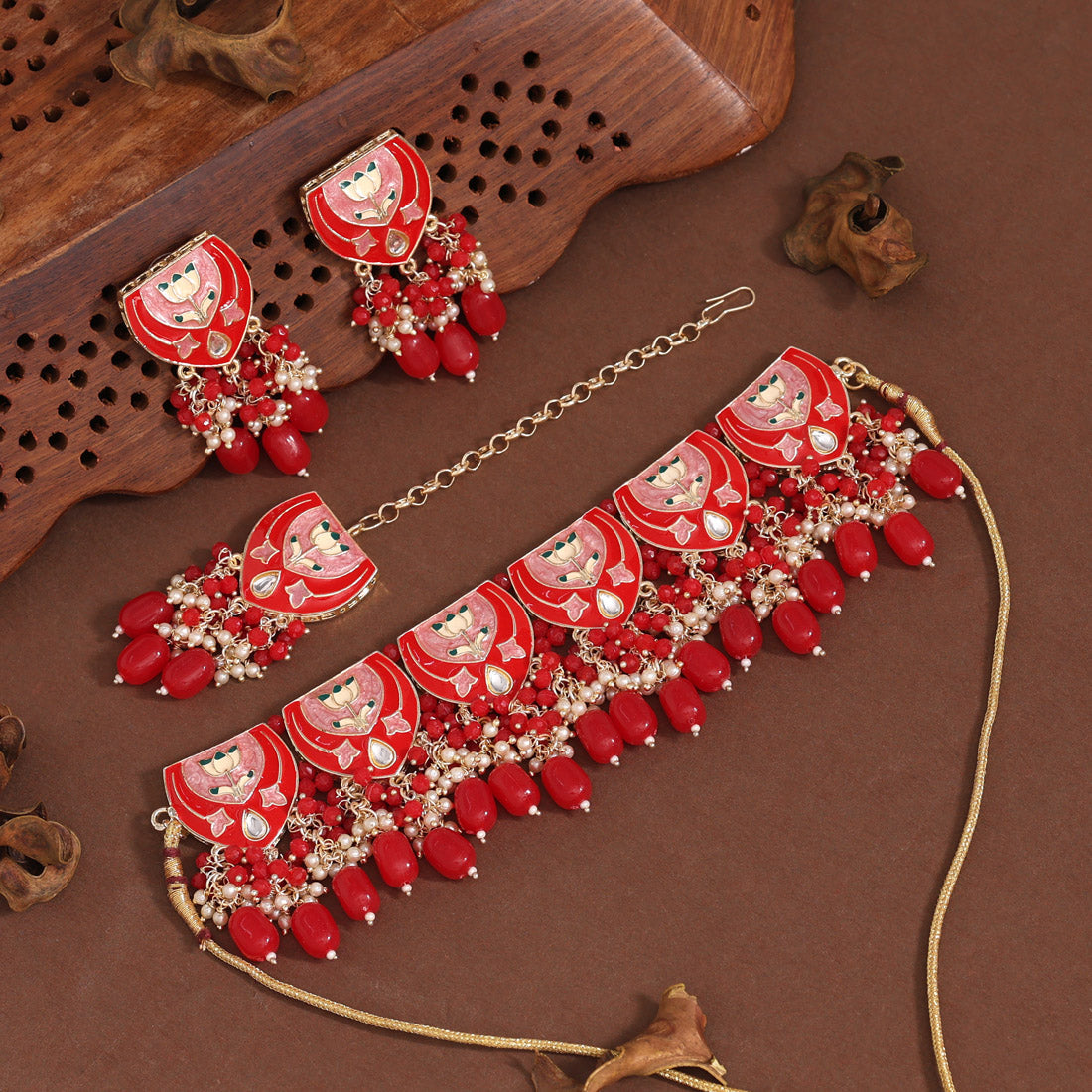 Red Color Choker Meenakari Necklace Set (MKN551RED) - preyans.com