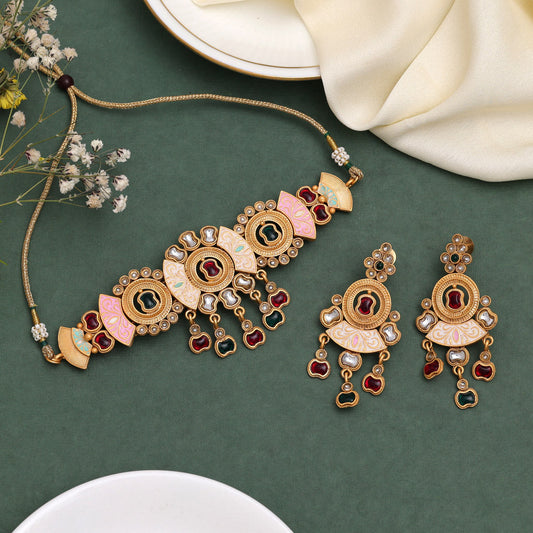 Multi Color Choker Meenakari Matte Gold Necklace Set (MKN559MLT) - preyans.com