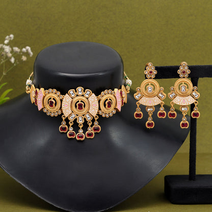 Rani Color Choker Meenakari Matte Gold Necklace Set (MKN559RNI) - preyans.com