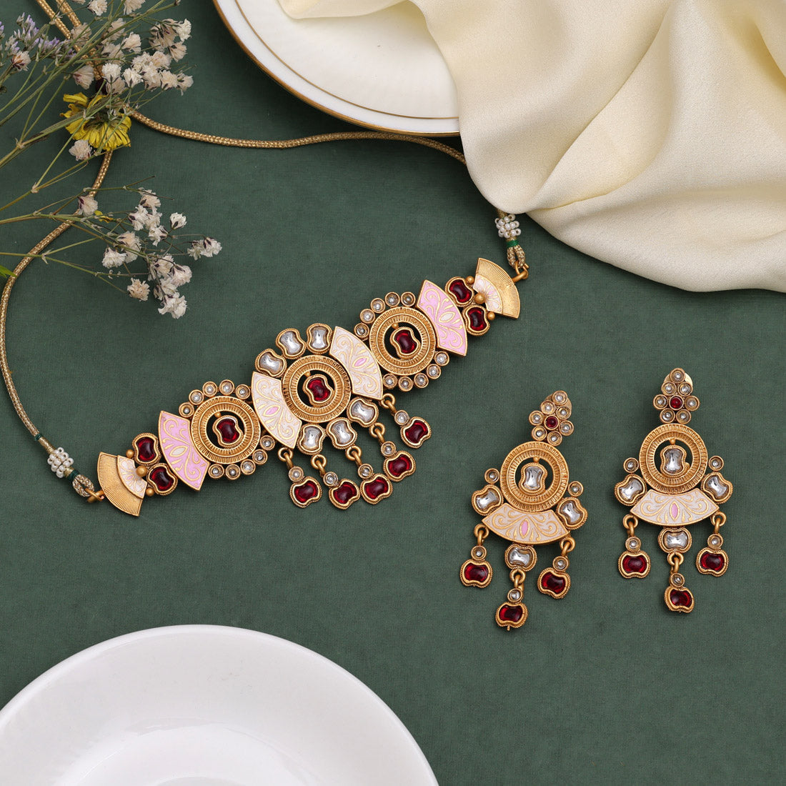 Rani Color Choker Meenakari Matte Gold Necklace Set (MKN559RNI) - preyans.com