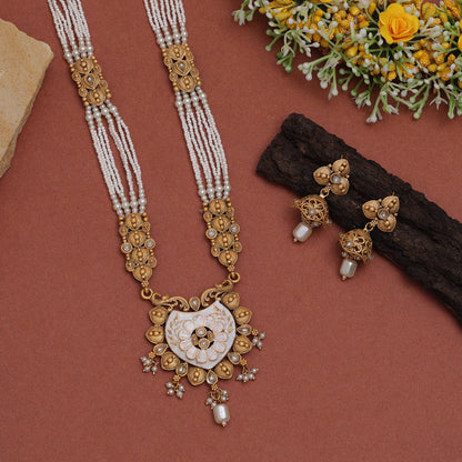 White Color Long Meenakari Matte Gold Necklace Set (MKN561WHT) - preyans.com