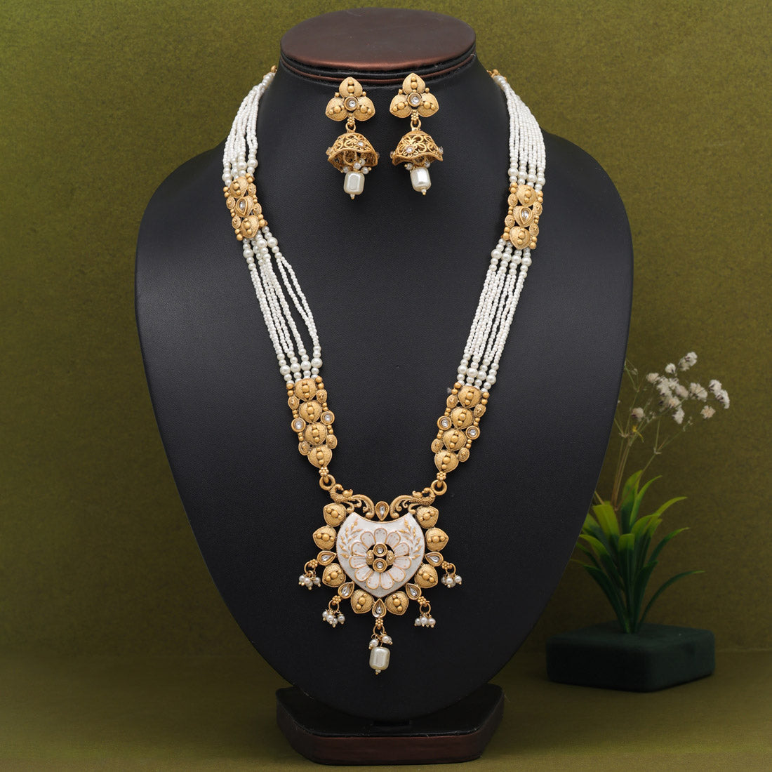 White Color Long Meenakari Matte Gold Necklace Set (MKN561WHT) - preyans.com