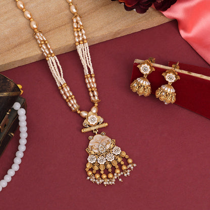 Gold Color Long Meenakari Matte Gold Necklace Set (MKN564GLD) - preyans.com