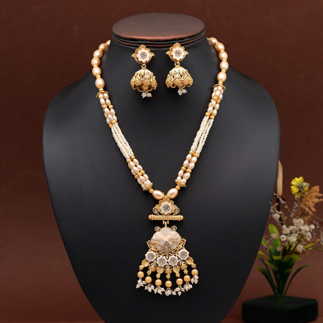 Gold Color Long Meenakari Matte Gold Necklace Set (MKN564GLD) - preyans.com