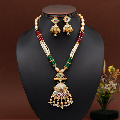 Multi Color Long Meenakari Matte Gold Necklace Set (MKN564MLT) - preyans.com