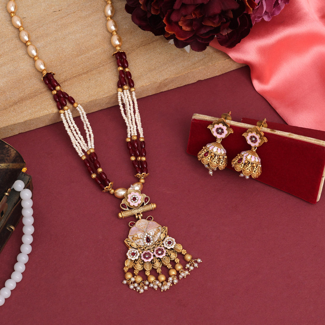 Maroon Color Long Meenakari Matte Gold Necklace Set (MKN564MRN) - preyans.com