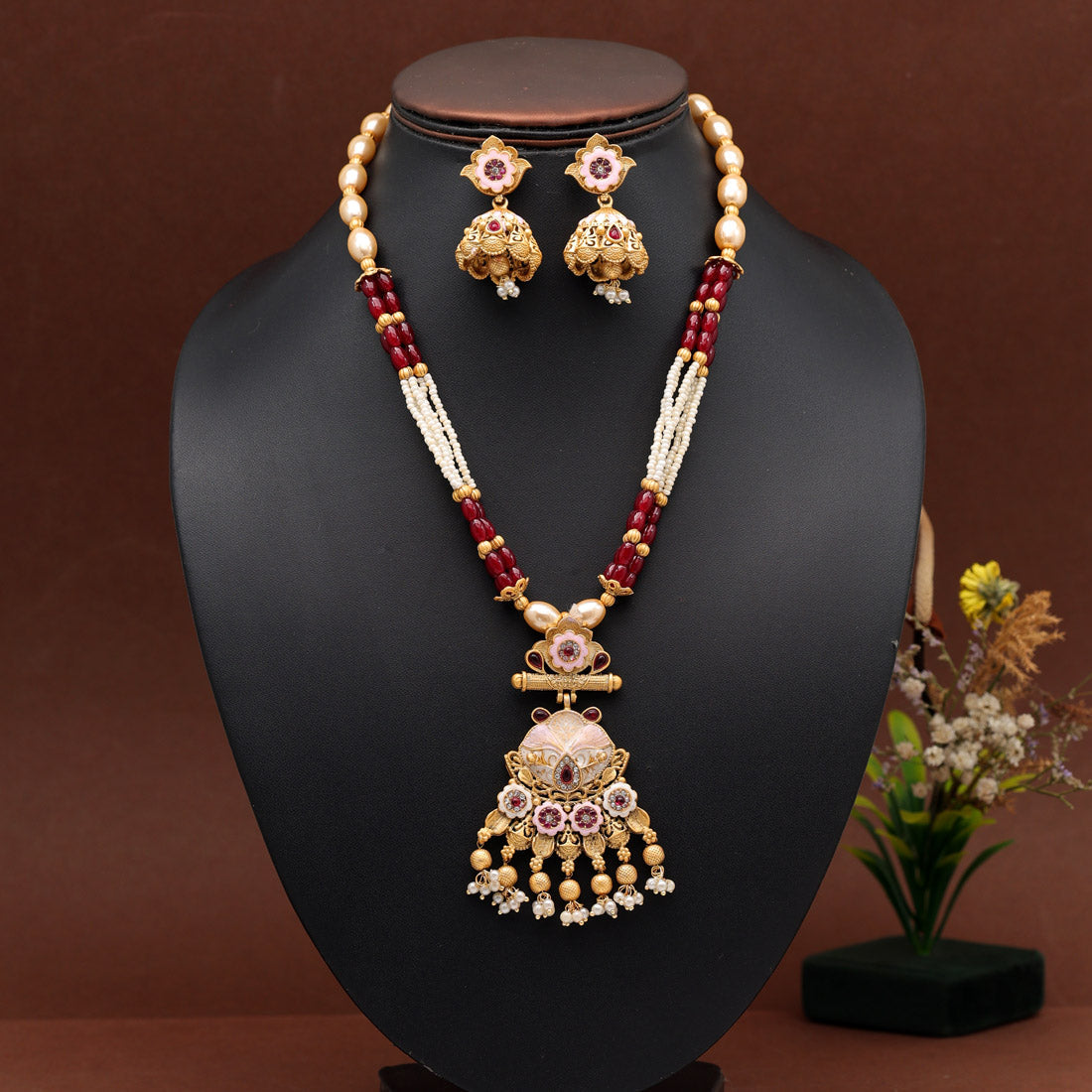 Maroon Color Long Meenakari Matte Gold Necklace Set (MKN564MRN) - preyans.com