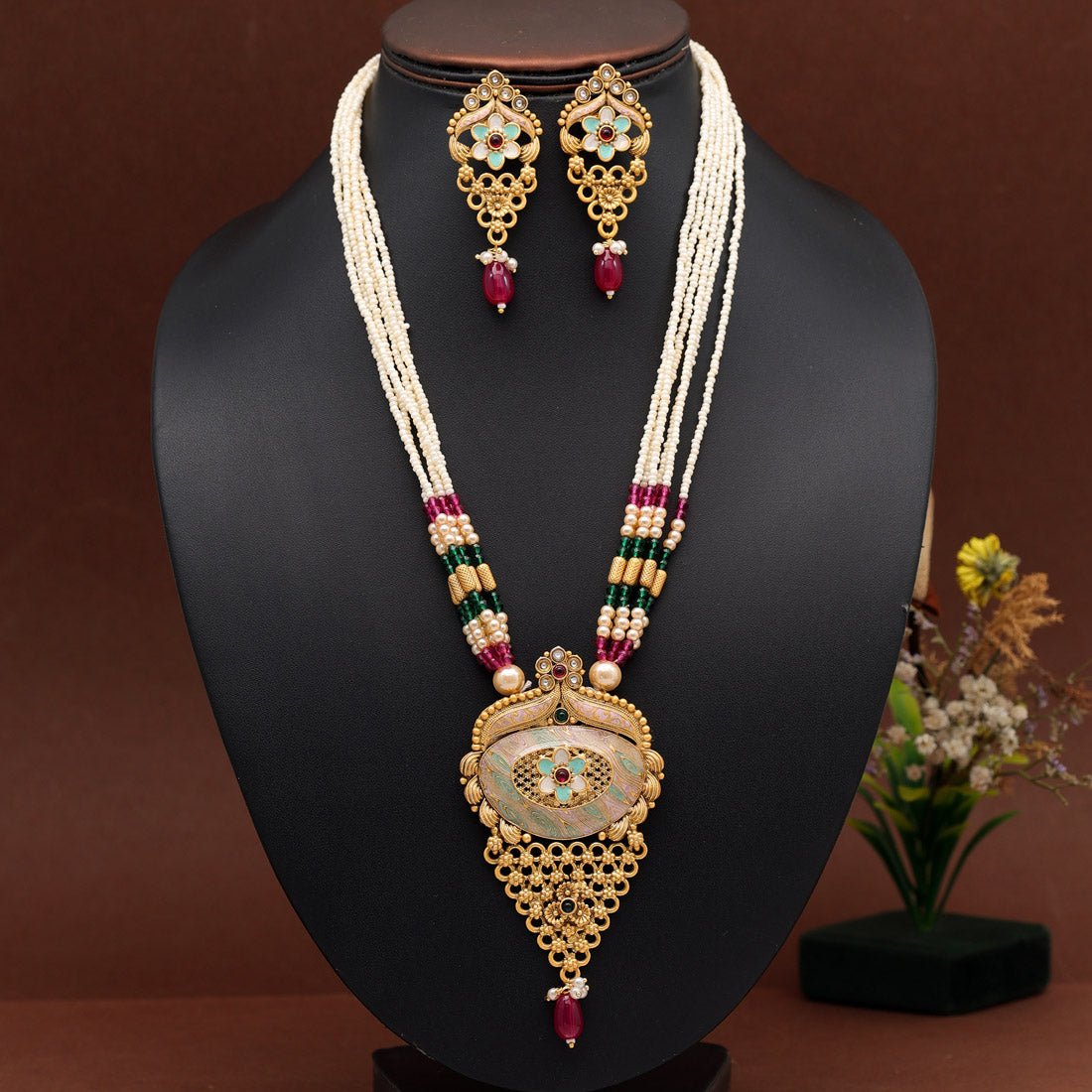 Rani & Green Color Long Meenakari Matte Gold Necklace Set (MKN565RNIGRN) - preyans.com