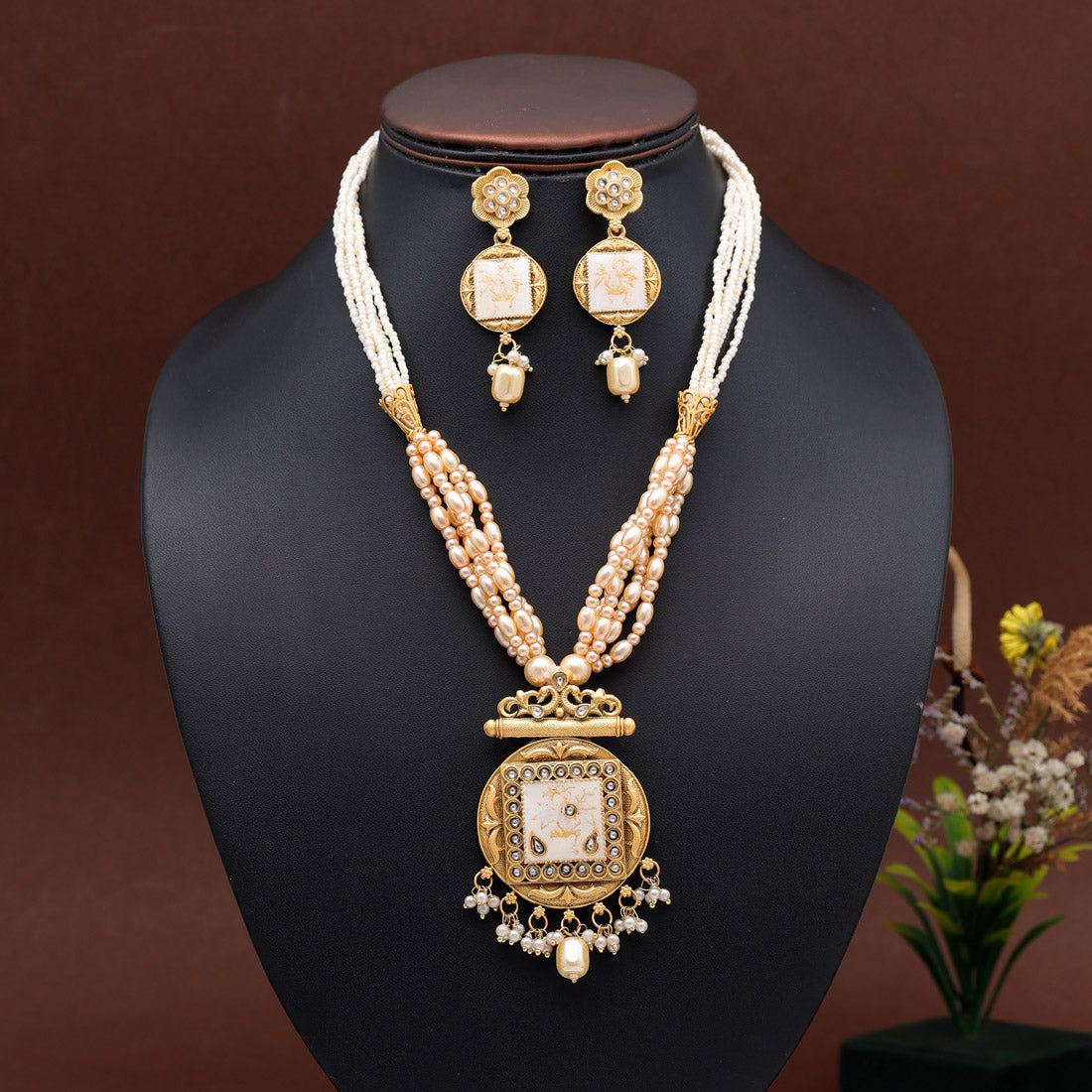 Gold Color Long Meenakari Matte Gold Necklace Set (MKN567GLD) - preyans.com