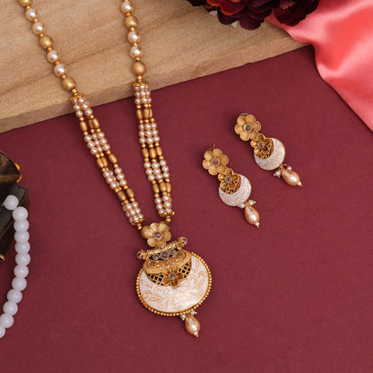 Gold Color Long Meenakari Matte Gold Necklace Set (MKN568GLD) - preyans.com