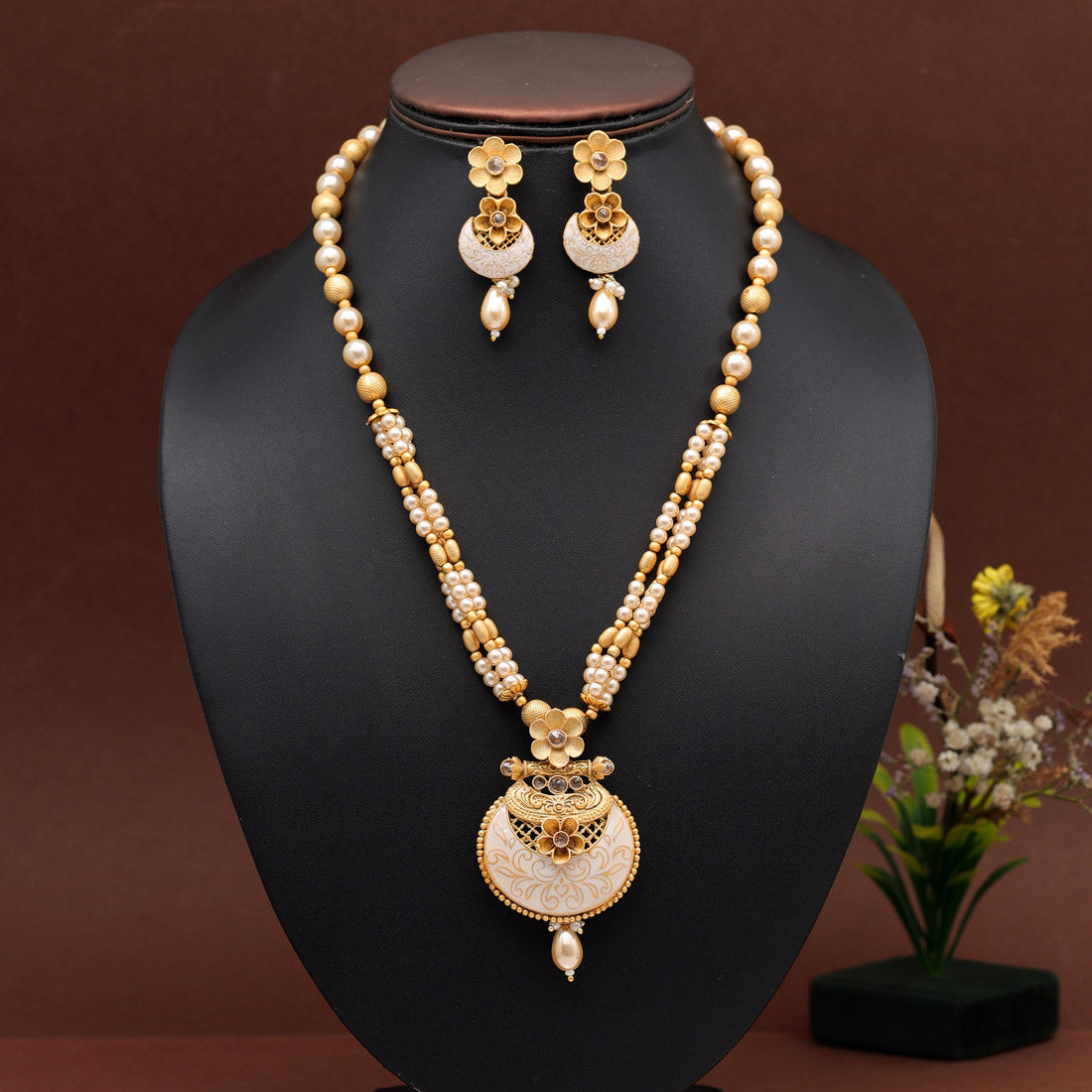 Gold Color Long Meenakari Matte Gold Necklace Set (MKN568GLD) - preyans.com