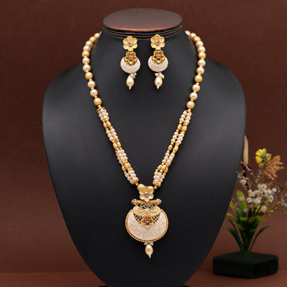 Gold Color Long Meenakari Matte Gold Necklace Set (MKN568GLD) - preyans.com