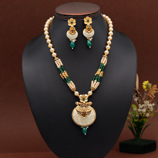 Green Color Long Meenakari Matte Gold Necklace Set (MKN568GRN) - Preyans.com