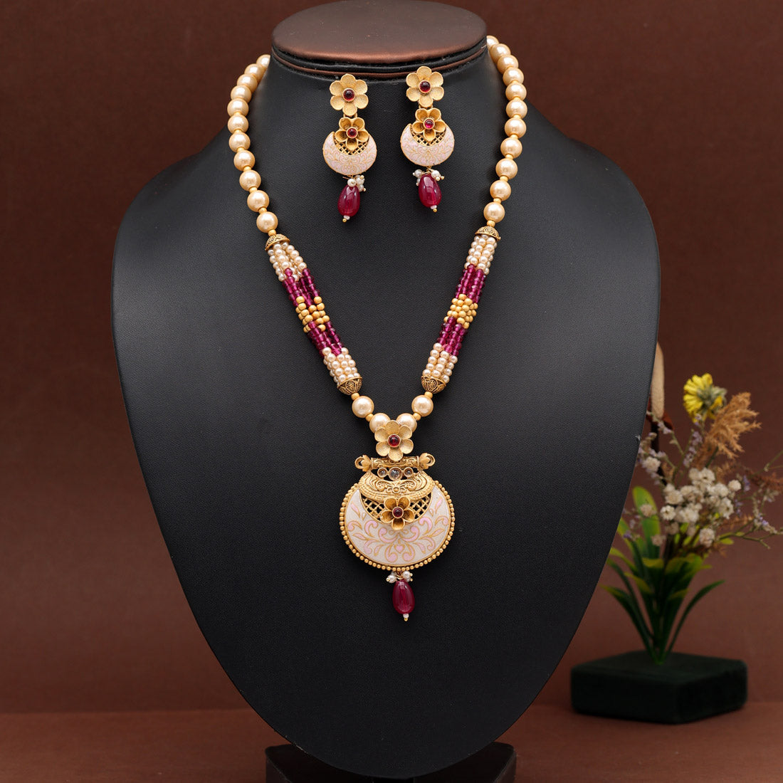 Rani Color Long Meenakari Matte Gold Necklace Set (MKN568RNI) - Preyans.com