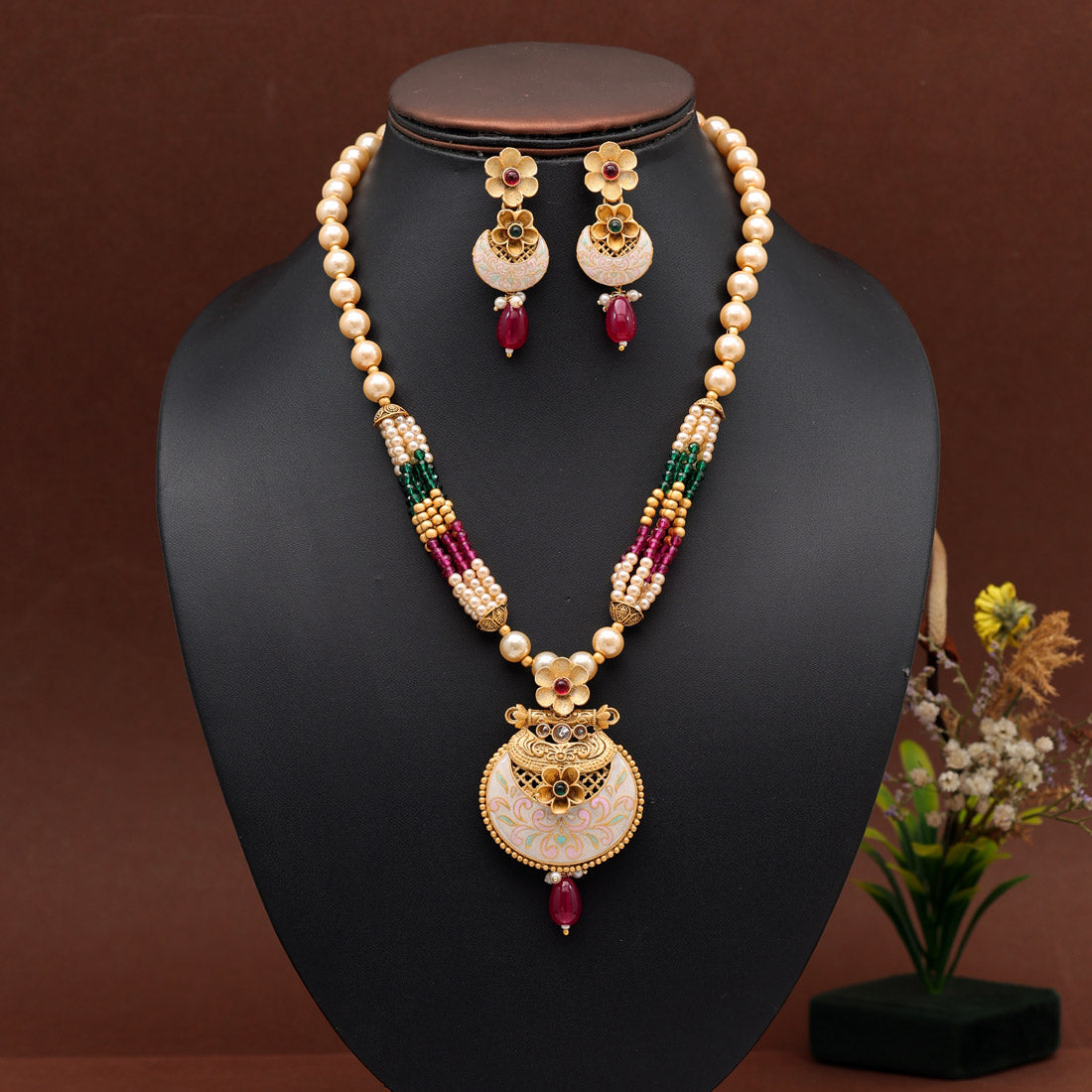 Rani & Green Color Long Meenakari Matte Gold Necklace Set (MKN568RNIGRN) - preyans.com