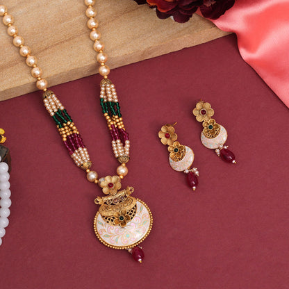 Rani & Green Color Long Meenakari Matte Gold Necklace Set (MKN568RNIGRN) - preyans.com