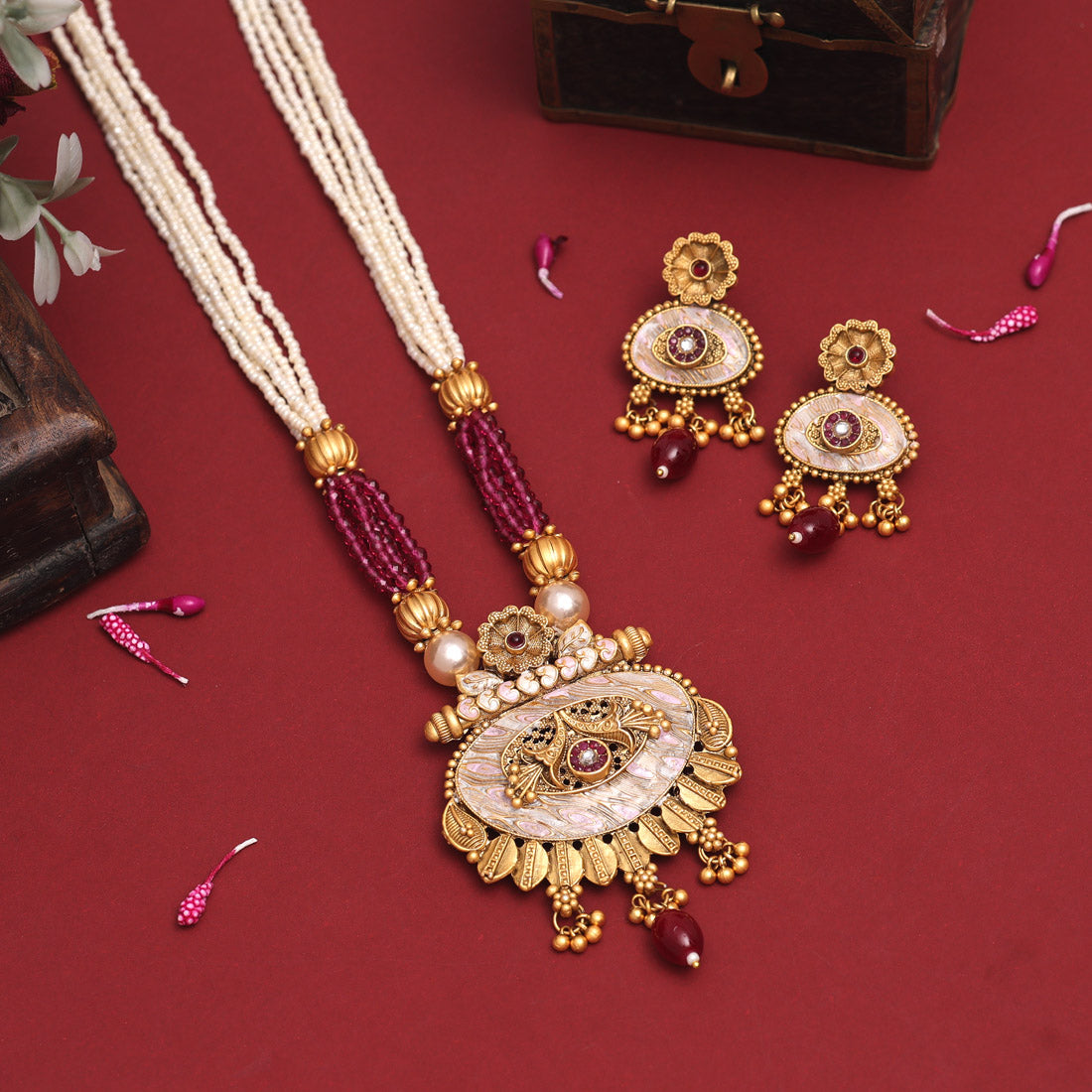 Maroon Color Long Meenakari Matte Gold Necklace Set (MKN569MRN) - preyans.com